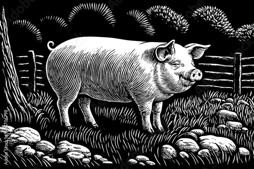 Pig black and white isolated hand drawn sketch