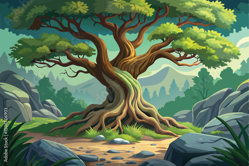 Cartoon illustration of a large tree in a scenic landscape