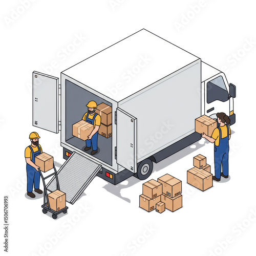 Warehouse workers unloading cardboard boxes from delivery truck for shipment and cargo distribution, isolated on a transparent background, png, cutout