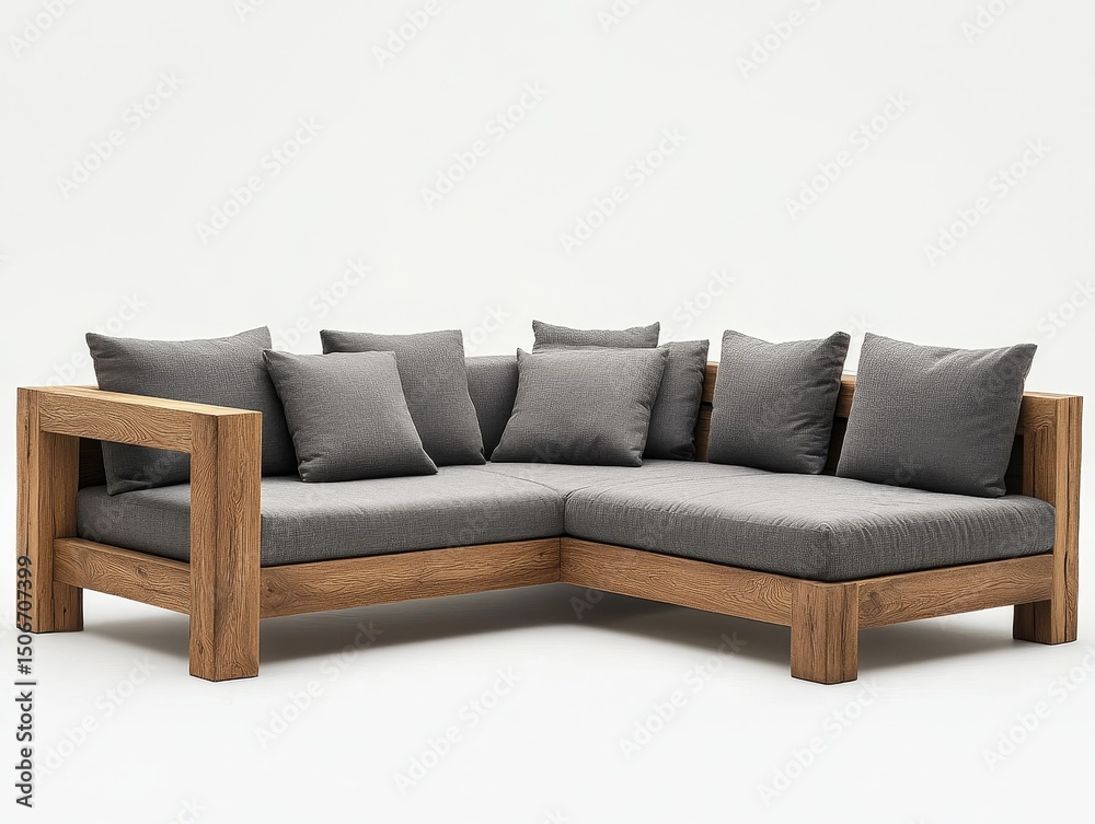 Obraz premium Elegant Wooden Sofa with Gray Cushions: Modern Interior Design for Comfortable Living Room Relaxation and Stylish Home Decor Furniture