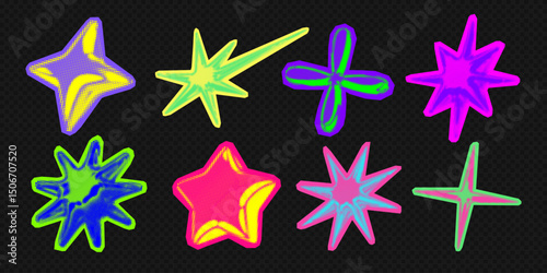 Y2k 3d punk neon colors light chrome halftone stars shape retro abstract vector illustration sticker set. Chrome silver 3d metallic halftone semitone retro effect bright neon color star collection.