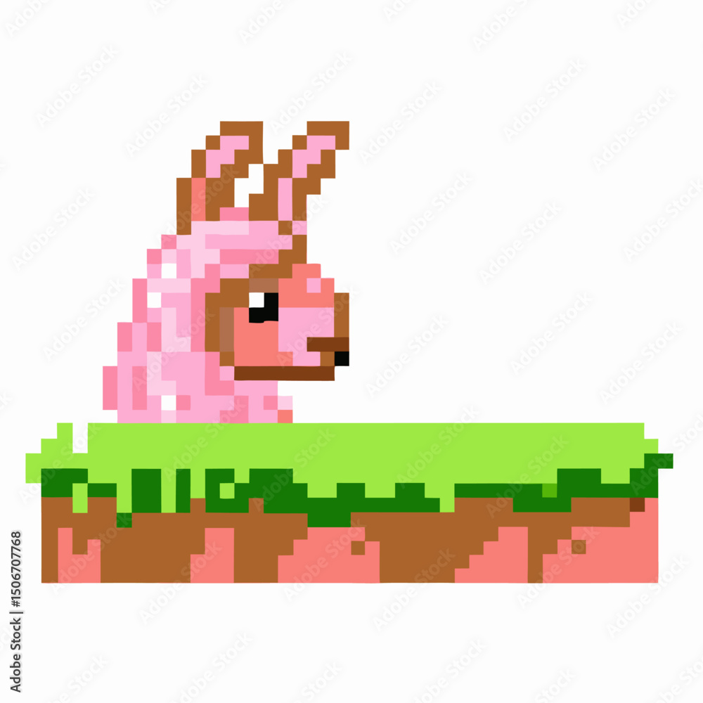 Fototapeta premium Pixelated pink llama on grass platform retro 8 bit video game design, vintage digital illustration