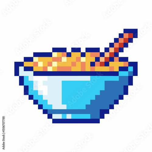 Pixel art bowl of cereal with spoon retro 8 bit design, colorful breakfast in blue bowl