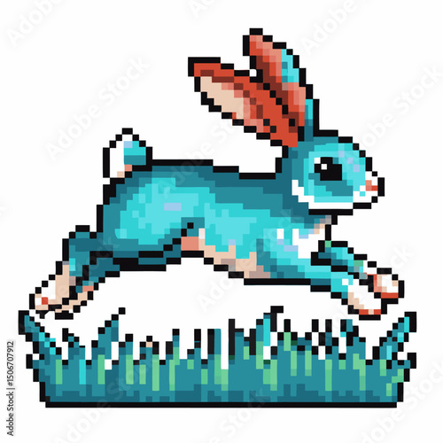 Pixel art leaping rabbit with blue fur, red ears over green grass retro 8 bit style, vibrant colors
