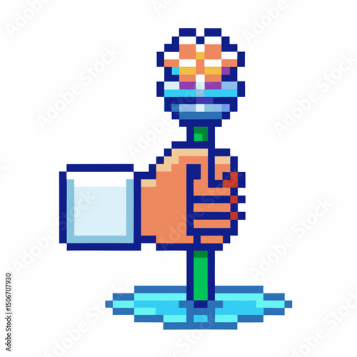 Pixel art flower in hand symbolizing digital creativity and technology fusion