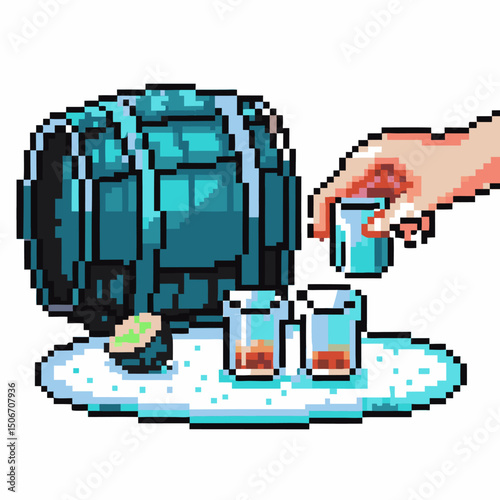 Pixel art barrel with hand pouring drink into glasses on tray