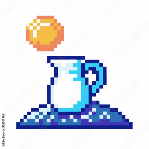 Pixel art pitcher on water, reflecting stylized sun retro video game vibe with vibrant colors
