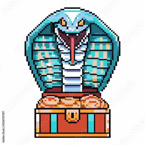 pixel art cobra guarding treasure chest retro gaming snake, gold coins, vintage adventure graphic