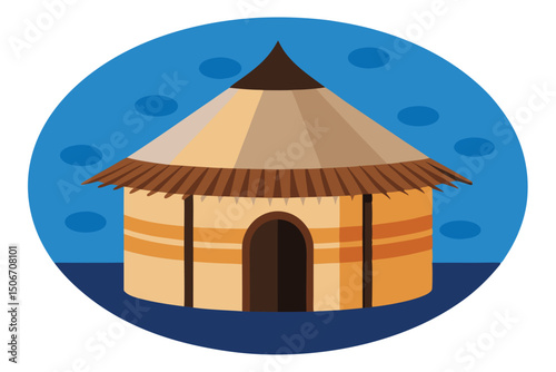 Illustration of a traditional african hut on blue oval background