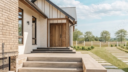 Modern house entrance with wooden door and landscaped surroundings.