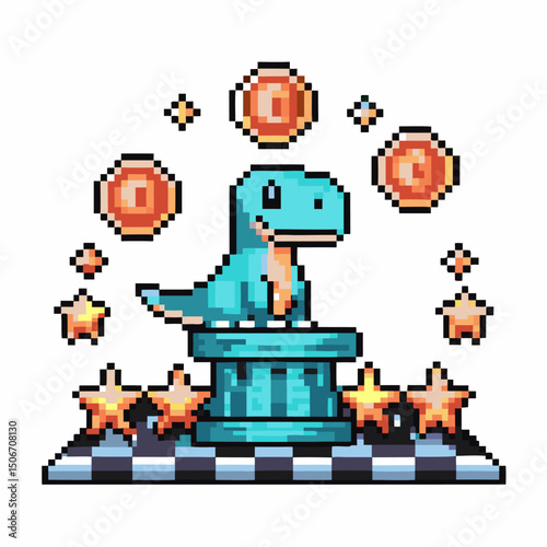 Pixel dinosaur on pedestal with stars and coins, retro gaming art