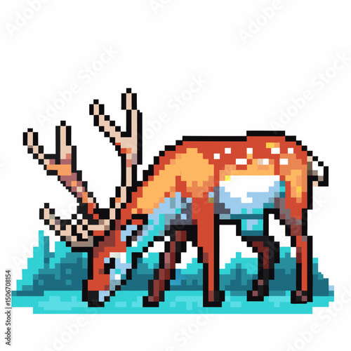 pixel art deer grazing on grass retro woodland scene with colorful antlers and nature backdrop