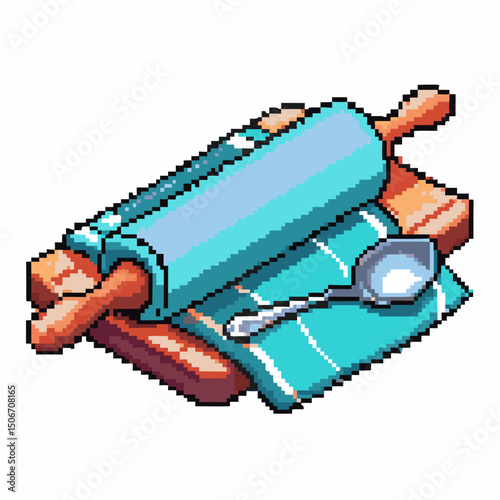 pixel art rolling pin and spoon with teal kitchen towel retro cooking utensils illustration