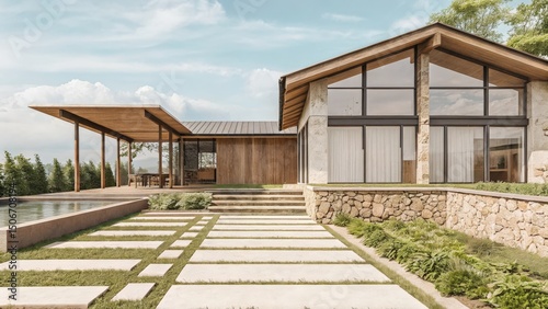 Modern house design with large windows and outdoor space.
