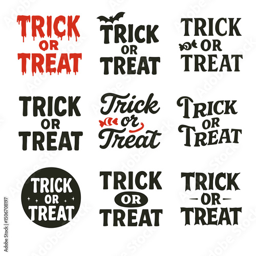 Collection of Halloween trick or treat typography designs in retro style  