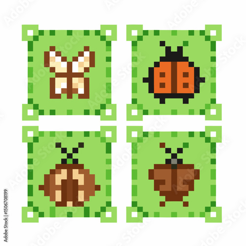 Pixel art insects on green background retro bugs and butterflies in square frames