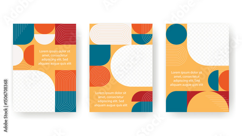 Set of contemporary booklets for advertising, proposal, cover, poster. Bright design templates with geometric shapes and semicircle lines. Vertical flyer or brochure, vector graphics