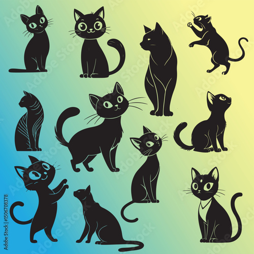 cat logo, cat icon sets, cat tattoo design,cat vector black kitten icon neko calico pet character cartoon symbol tattoo stamp scarf illustration design.