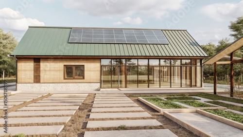 Modern wooden building with green roof and large glass windows.