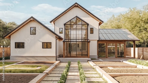 Modern house with large windows and landscaped garden.