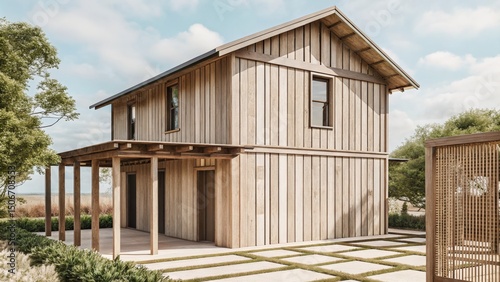Wooden house with a modern design and surrounding greenery.