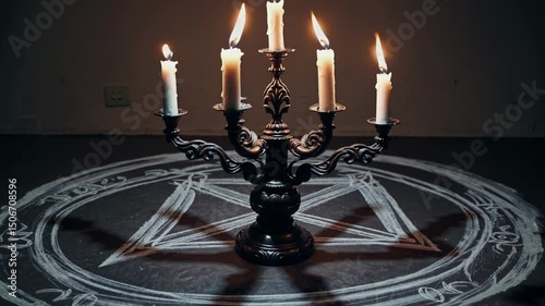 Candelabrum with burning candles in occult circle