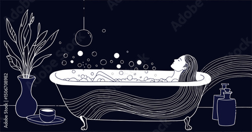 Woman relaxing in romantic bath with bubbles and plants in evening setting  
