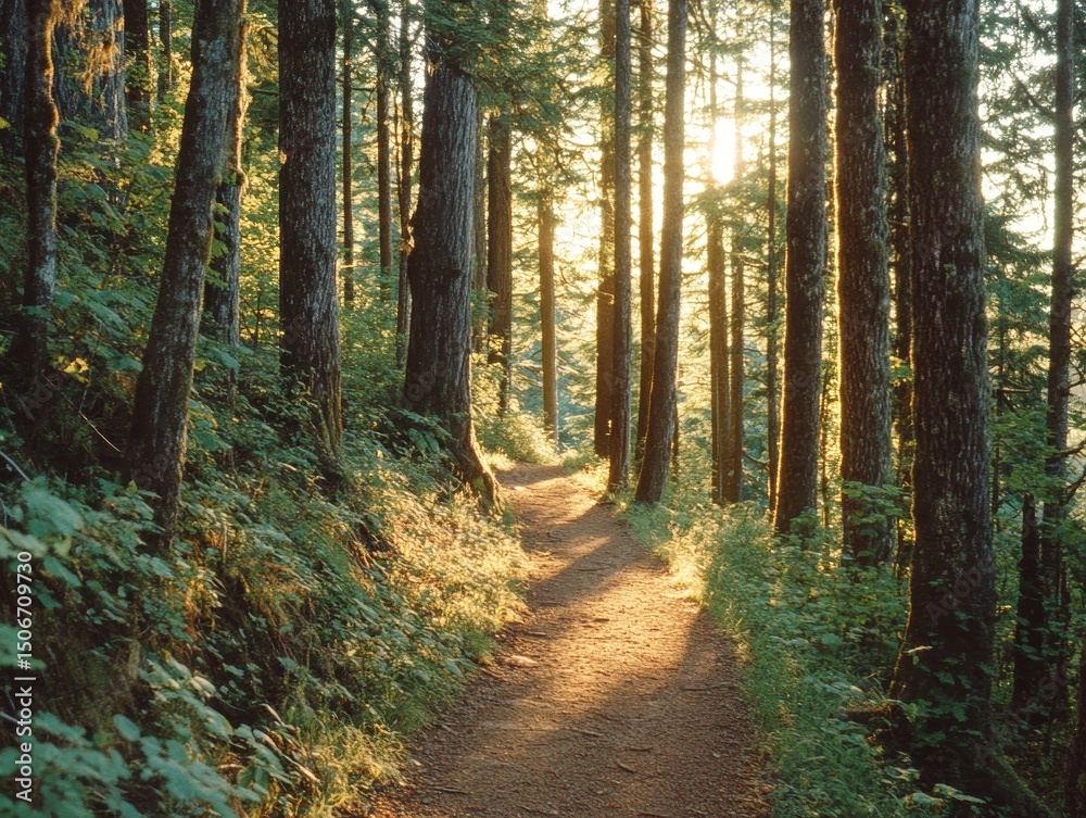 Fototapeta premium Enchanting Forest Trail: A Serene Pathway Through Nature's Embrace with Sunlight Filtering Through the Trees, Creating a Peaceful and Scenic Escape