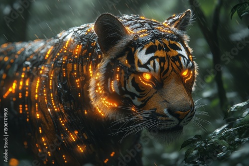 Cybernetic tiger in rain, jungle background; digital art