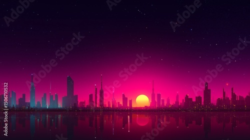 Bright sunset over a vibrant city skyline reflected in calm waters at dusk