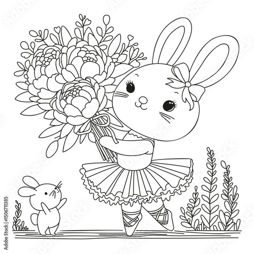 Cute bunny ballerina with a bouquet of flowers. Coloring page for children and adults. Art therapy. Illustration for coloring.