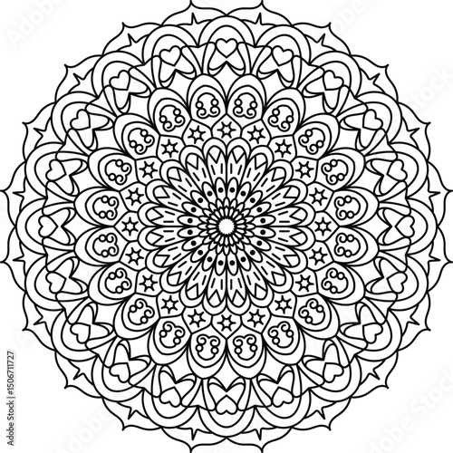 Detailed circular mandala for coloring, meditation, or decoration. Features symmetrical floral and geometric patterns
