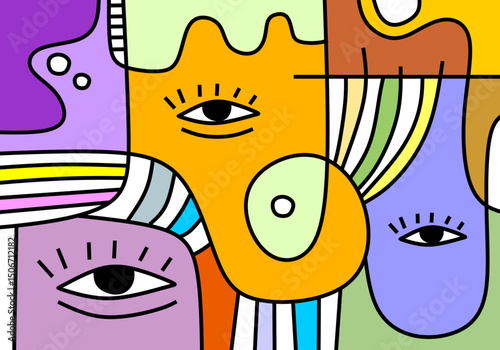 A bold abstract cubist composition highlighting expressive eyes within colorful geometric blocks.