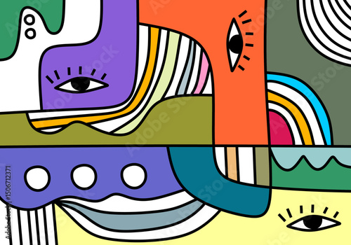 A bold abstract cubist composition highlighting expressive eyes within colorful geometric blocks.