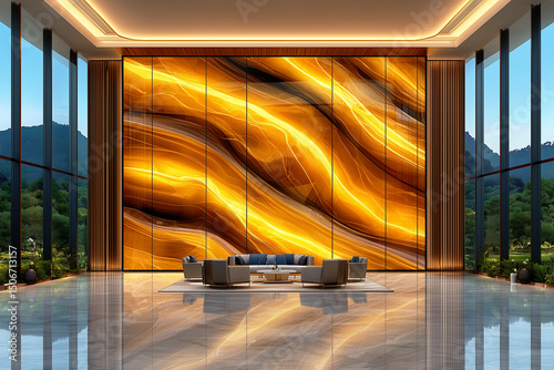 Luxurious hotel lobby with a large backlit onyx feature wall and modern seating