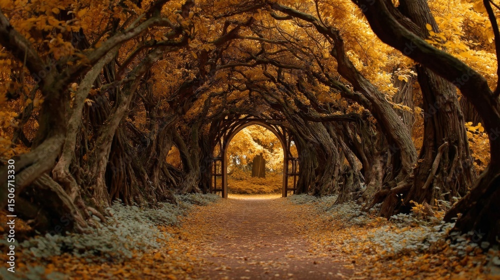 Fototapeta premium Autumnal Tree Tunnel Path with Gate