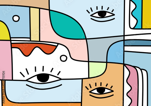 A bold abstract cubist composition highlighting expressive eyes within colorful geometric blocks.