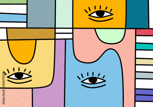 A bold abstract cubist composition highlighting expressive eyes within colorful geometric blocks.
