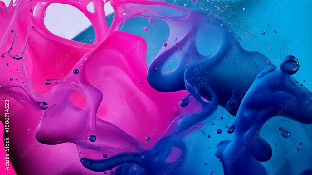 Two colors of paint, pink and blue, splattered on a white background. The colors are vibrant and contrasting, creating a dynamic and energetic mood. The splatters of paint suggest a sense of movement