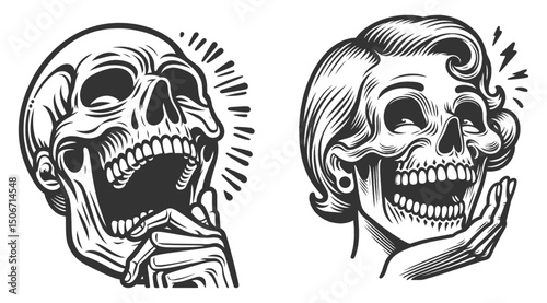 Laughing Skull Set collection bundle sketch engraving generative ai vector illustration. Scratch board imitation. Black and white image.