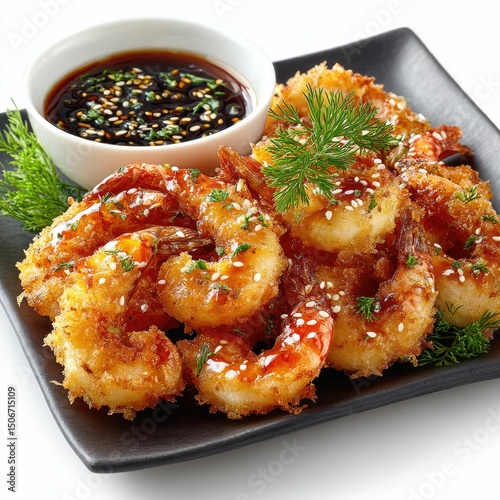 Crispy japanese tempura shrimp with dipping sauce restaurant setting culinary delight close-up view