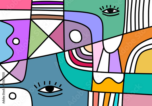 A bold abstract cubist composition highlighting expressive eyes within colorful geometric blocks.