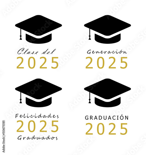 Graduation cap 2025 design in spanish. Suitable for latino students, invitations, banners, grad ceremonies, card graduates class of 2025, and educational projects. Graduacion, felicidades
