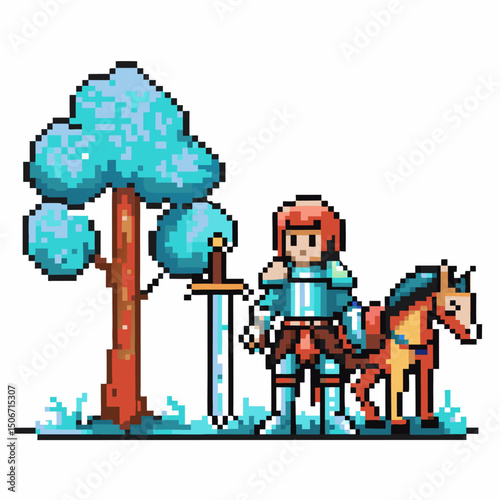 retro pixel art knight, sword, and horse by pixelated tree nostalgic medieval game design