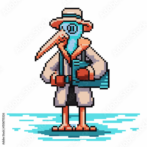 Pixel art doctor bird in protective suit with hat and bag