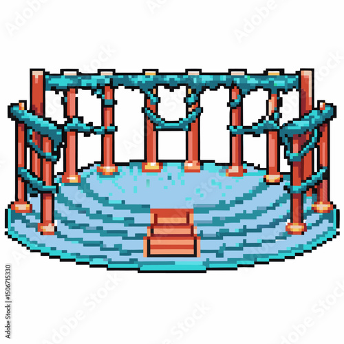 pixel art fantasy stage magical blue and red arena with pillars and steps pixelated digital illustration