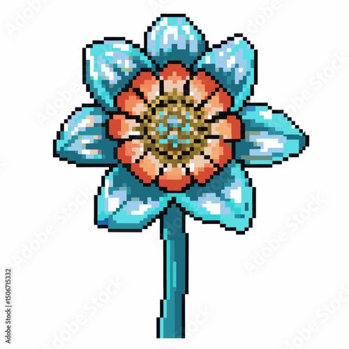 Pixel art of blue and red stylized flower with central details and green stem