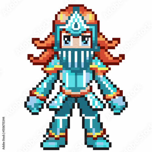 pixelated warrior in detailed blue armor with orange hair retro game character, digital art, pixel art fantasy fighter