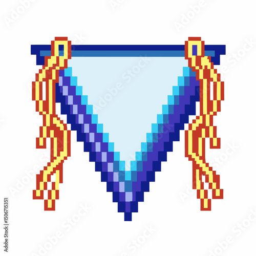Pixel art banner with blue triangle and golden tassels