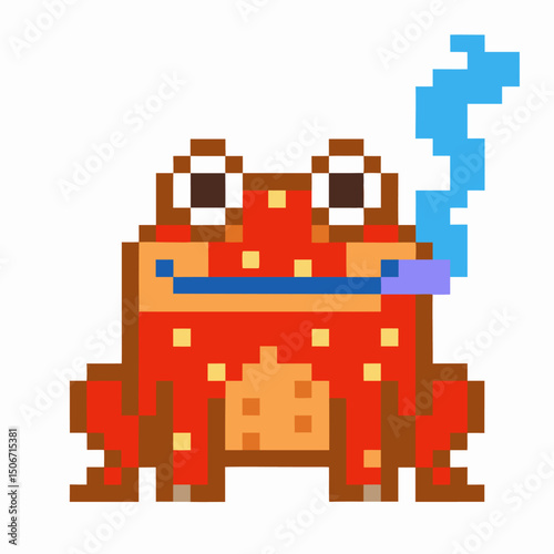 Pixel art frog with comical expression, tongue sticking out retro digital illustration, playful amphibian design